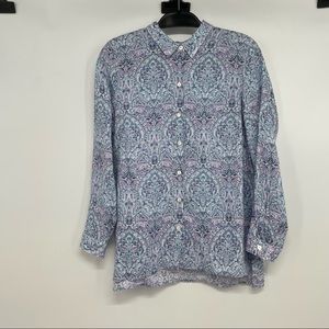 J.Jill Love Linen Women’s Essential Shirt Blue Paisley Pastel Button-Up M Petite